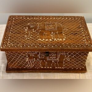 Handcrafted Wooden Jewelry Box | Brass Inlay Elephant Design | Artisan Quality
